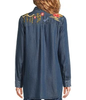 JOHNNY WAS Jane Lightweight Denim Placement Embroidery Point Collar Half-Zip Long Sleeve Shirt Tunic