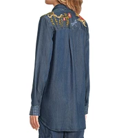JOHNNY WAS Jane Lightweight Denim Placement Embroidery Point Collar Half-Zip Long Sleeve Shirt Tunic