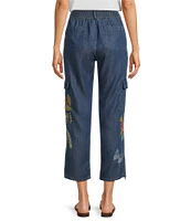 JOHNNY WAS Jane Lightweight Denim Smocked Waist Embroidered Tapered Leg Cargo Ankle Pants
