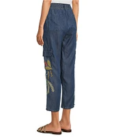 JOHNNY WAS Jane Lightweight Denim Smocked Waist Embroidered Tapered Leg Cargo Ankle Pants