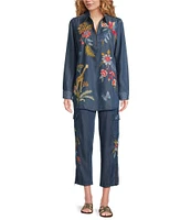 JOHNNY WAS Jane Lightweight Denim Smocked Waist Embroidered Tapered Leg Cargo Ankle Pants