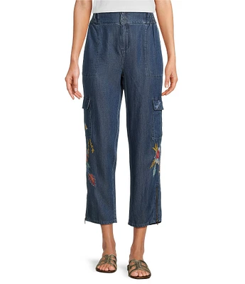 JOHNNY WAS Jane Lightweight Denim Smocked Waist Embroidered Tapered Leg Cargo Ankle Pants