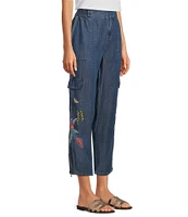 JOHNNY WAS Jane Lightweight Denim Smocked Waist Embroidered Tapered Leg Cargo Ankle Pants