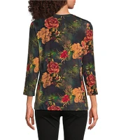 JOHNNY WAS Janie Bamboo Knit Floral Print V-Neck 3/4 Sleeve Relaxed Tee