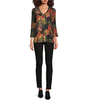 JOHNNY WAS Janie Bamboo Knit Floral Print V-Neck 3/4 Sleeve Relaxed Tee