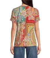 JOHNNY WAS Janie Favorite Bamboo Blend Knit Mosaic Print V-Neck Short Sleeve Tee