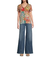 JOHNNY WAS Janie Favorite Bamboo Blend Knit Mosaic Print V-Neck Short Sleeve Tee