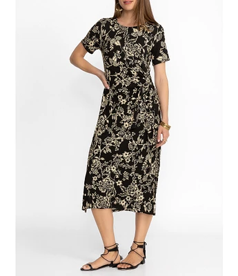 JOHNNY WAS Janie Favorite Bamboo Knit Jersey Floral Print Side Tie A-Line Midi Dress