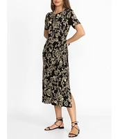 JOHNNY WAS Janie Favorite Bamboo Knit Jersey Floral Print Side Tie A-Line Midi Dress