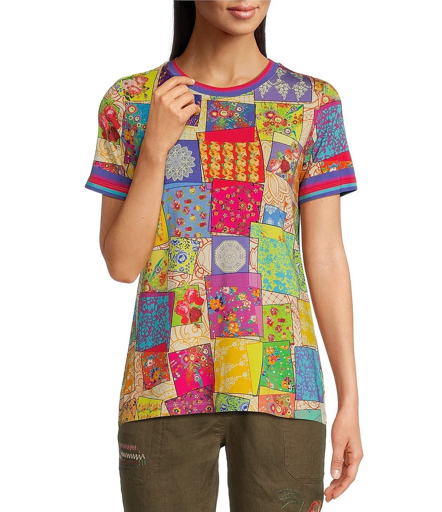 JOHNNY WAS Janie Favorite Bamboo Knit Patchwork Abstract Print Crew Neck Short Sleeve Tee Shirt