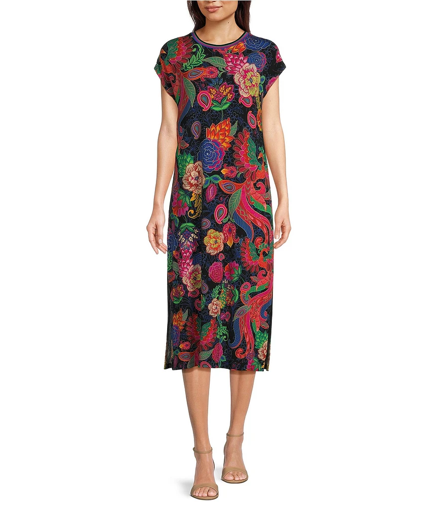 JOHNNY WAS Janie Favorite Exotic Floral Print Knit Jersey Crew Neck Cap Sleeve Midi Dress