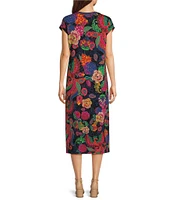 JOHNNY WAS Janie Favorite Exotic Floral Print Knit Jersey Crew Neck Cap Sleeve Midi Dress