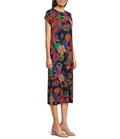 JOHNNY WAS Janie Favorite Exotic Floral Print Knit Jersey Crew Neck Cap Sleeve Midi Dress