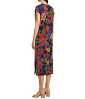 JOHNNY WAS Janie Favorite Exotic Floral Print Knit Jersey Crew Neck Cap Sleeve Midi Dress