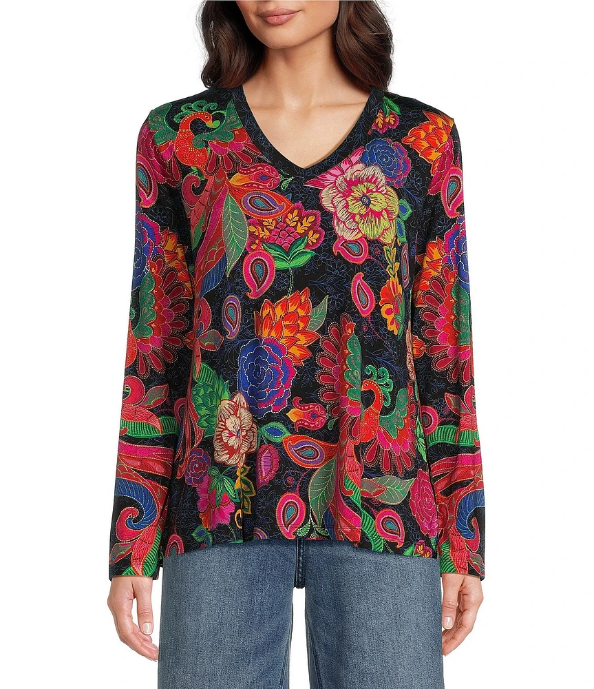 JOHNNY WAS Janie Favorite Exotic Floral Print Knit Jersey V-Neck Long Sleeve T-Shirt