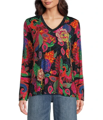 JOHNNY WAS Janie Favorite Exotic Floral Print Knit Jersey V-Neck Long Sleeve T-Shirt