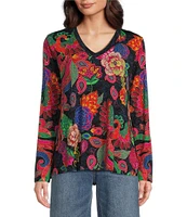 JOHNNY WAS Janie Favorite Exotic Floral Print Knit Jersey V-Neck Long Sleeve T-Shirt