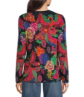 JOHNNY WAS Janie Favorite Exotic Floral Print Knit Jersey V-Neck Long Sleeve T-Shirt