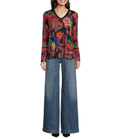 JOHNNY WAS Janie Favorite Exotic Floral Print Knit Jersey V-Neck Long Sleeve T-Shirt