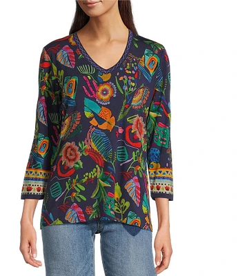 JOHNNY WAS Janie Favorite Farout Floral Scarf Print Bamboo Knit V-Neck 3/4 Sleeve Tee