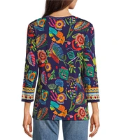 JOHNNY WAS Janie Favorite Farout Floral Scarf Print Bamboo Knit V-Neck 3/4 Sleeve Tee