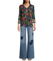 JOHNNY WAS Janie Favorite Farout Floral Scarf Print Bamboo Knit V-Neck 3/4 Sleeve Tee