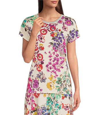 JOHNNY WAS Janie Favorite Floral Print Knit Crew Neck Short Dolman Sleeve Coordinating Tee