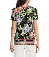 JOHNNY WAS Janie Favorite Le Jardin Floral Scarf Print Bamboo Knit Jersey V-Neck Tee Shirt