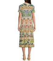 JOHNNY WAS Janie Favorite Mixed Floral Printed Knit Henley Neck Short Sleeve Tiered Midi Dress