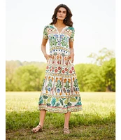 JOHNNY WAS Janie Favorite Mixed Floral Printed Knit Henley Neck Short Sleeve Tiered Midi Dress