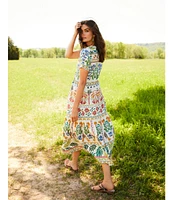 JOHNNY WAS Janie Favorite Mixed Floral Printed Knit Henley Neck Short Sleeve Tiered Midi Dress
