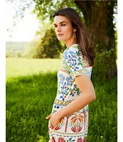 JOHNNY WAS Janie Favorite Mixed Floral Printed Knit Henley Neck Short Sleeve Tiered Midi Dress