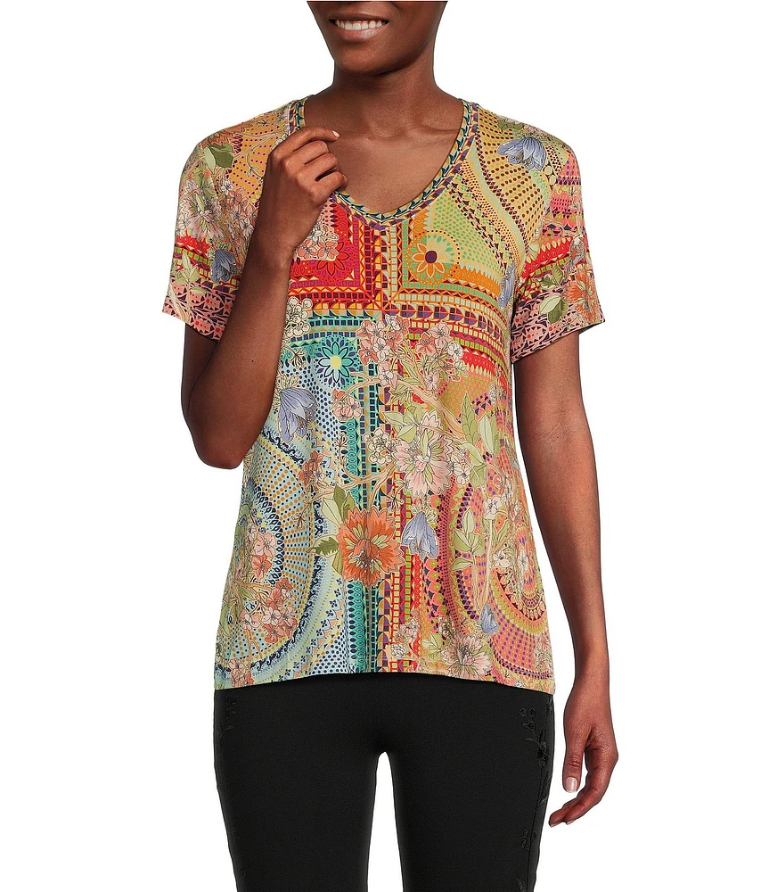 JOHNNY WAS Janie Favorite Mosaic Tile Patchwork Print Bamboo Knit Jersey V-Neck Short Sleeve Tee