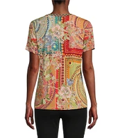 JOHNNY WAS Janie Favorite Mosaic Tile Patchwork Print Bamboo Knit Jersey V-Neck Short Sleeve Tee