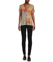 JOHNNY WAS Janie Favorite Mosaic Tile Patchwork Print Bamboo Knit Jersey V-Neck Short Sleeve Tee