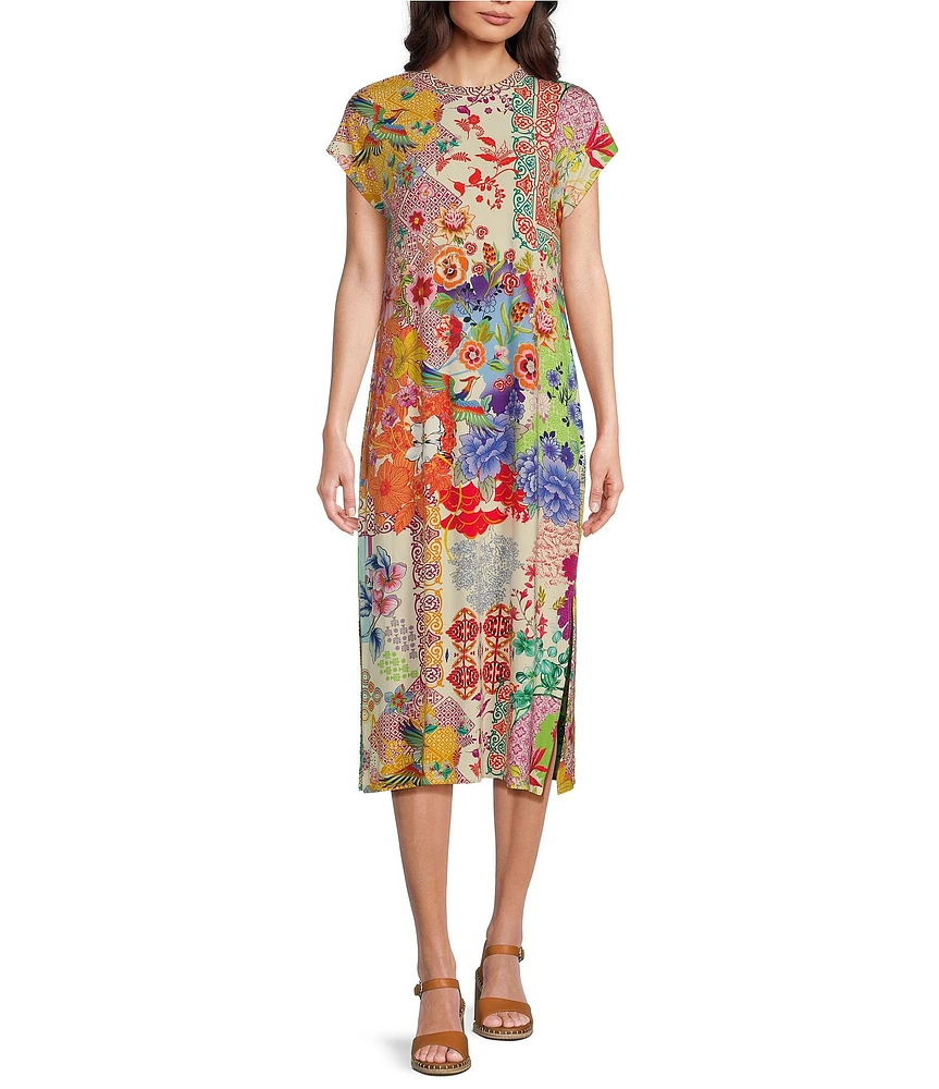 JOHNNY WAS Janie Favorite Patchwork Floral Print Knit Jersey Crew Neck Short Sleeve Midi Shift Dress