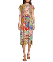 JOHNNY WAS Janie Favorite Patchwork Floral Print Knit Jersey Crew Neck Short Sleeve Midi Shift Dress