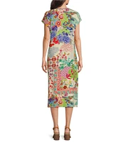 JOHNNY WAS Janie Favorite Patchwork Floral Print Knit Jersey Crew Neck Short Sleeve Midi Shift Dress