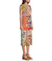 JOHNNY WAS Janie Favorite Patchwork Floral Print Knit Jersey Crew Neck Short Sleeve Midi Shift Dress