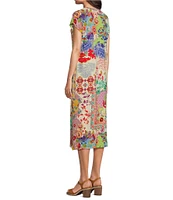 JOHNNY WAS Janie Favorite Patchwork Floral Print Knit Jersey Crew Neck Short Sleeve Midi Shift Dress