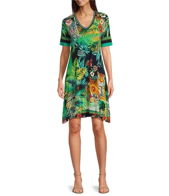 JOHNNY WAS Janie Favorite Printed Bamboo Blend Knit V-Neck Short Sleeve Dress