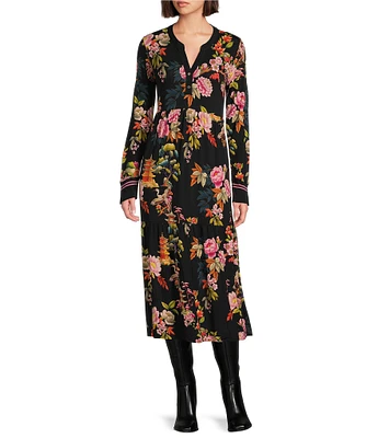 JOHNNY WAS Janie Floral Print Bamboo Knit Split V-Neck Long Sleeve Tiered Hem Sheath Midi Dress