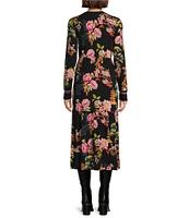 JOHNNY WAS Janie Floral Print Bamboo Knit Split V-Neck Long Sleeve Tiered Hem Sheath Midi Dress