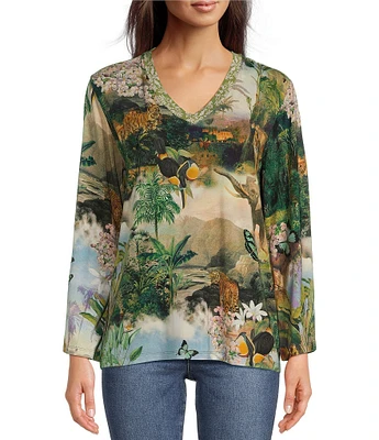 JOHNNY WAS Janie Rawi Scarf Print Bamboo Knit V-Neck Long Sleeve Tee Shirt