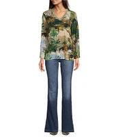 JOHNNY WAS Janie Rawi Scarf Print Bamboo Knit V-Neck Long Sleeve Tee Shirt