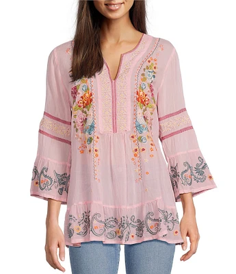 JOHNNY WAS Jojo Embroidered Woven Split V-Neck 3/4 Bell Sleeve Tunic