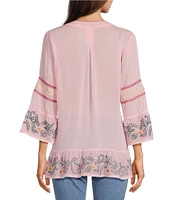 JOHNNY WAS Jojo Embroidered Woven Split V-Neck 3/4 Bell Sleeve Tunic