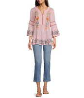 JOHNNY WAS Jojo Embroidered Woven Split V-Neck 3/4 Bell Sleeve Tunic