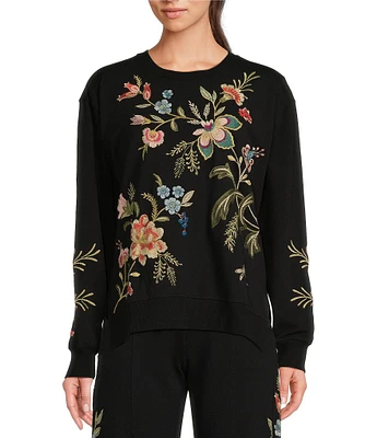 JOHNNY WAS Julianna Embroidered Placement Floral Crew Neck Long Sleeve Sweatshirt