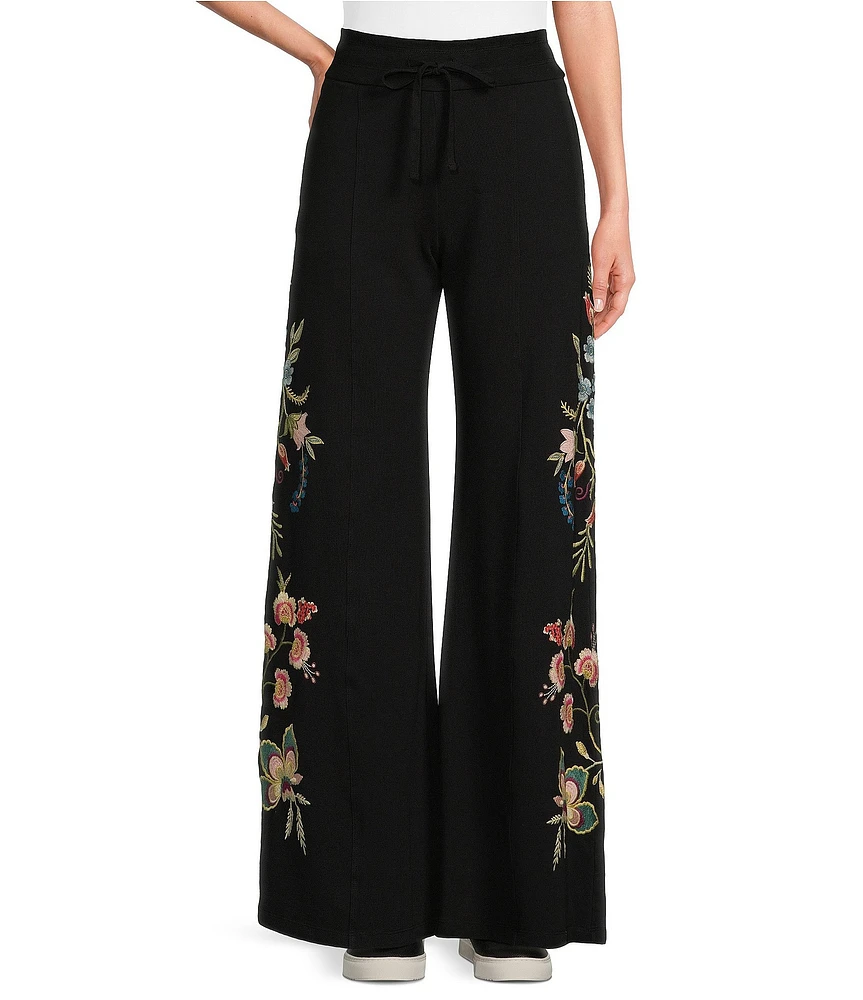 JOHNNY WAS Julianna Placement Floral Embroidered Knit Wide Leg Pants